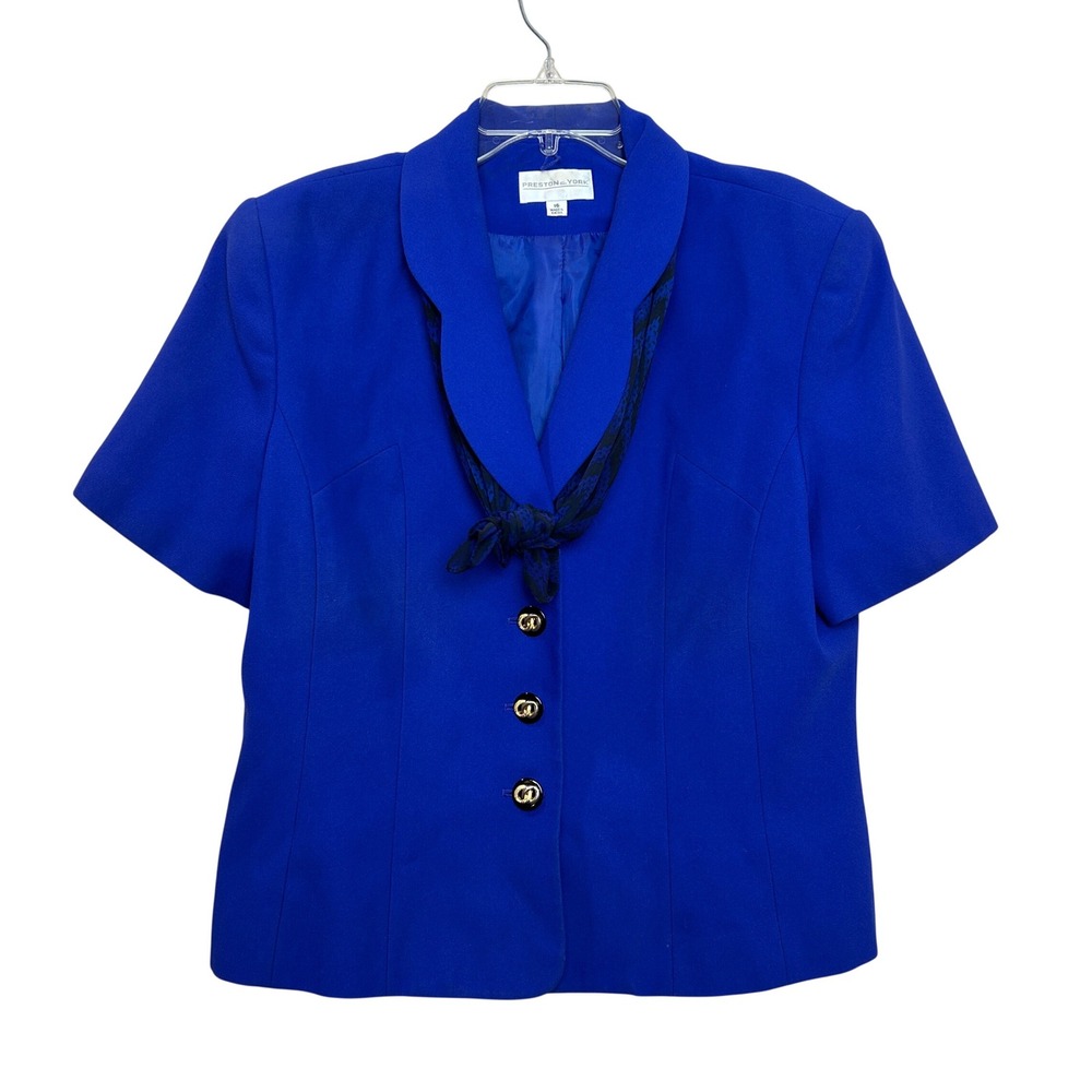 Preston York Blazer Womens 16 Blue Shawl Collar Short Sleeve Power Career Modest